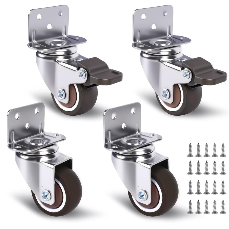 ZUOFANG 4Pcs 1.5" Swivel L-Bracket Caster Wheels, Small Heavy Duty Side Mount L-Shaped Plate Casters, Silent Rubber Wheels for Furniture, Cabinet, DIY Project, Capacity Lbs: 194Lbs (with 2 Brakes) - Image 1